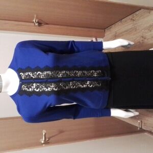 Nanette Lepore merino wool sweater,  size L, royal blue, lace detailing.